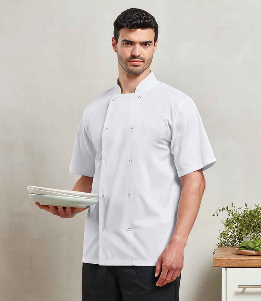 Premier PR664 White Model - Chef's Jacket Ready to be Embroidered and Printed by Custard Workwear - Cheap Personalised and Customised Workwear in Nottinghamshire, Derbyshire and Leicestershire