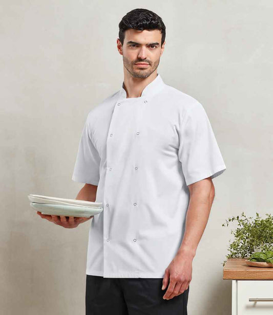 Premier PR664 White Model - Chef's Jacket Ready to be Embroidered and Printed by Custard Workwear - Cheap Personalised and Customised Workwear in Nottinghamshire, Derbyshire and Leicestershire