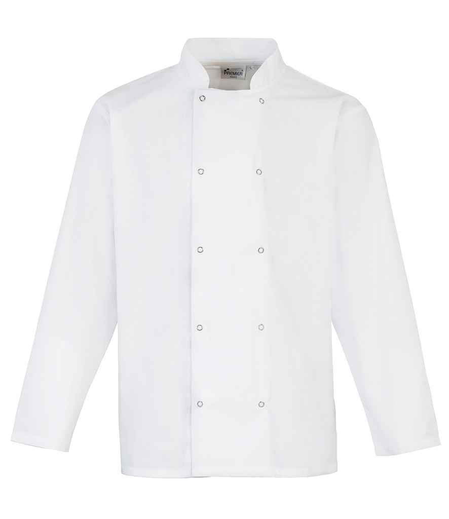 Premier PR665 White Front - Chef's Jacket Ready to be Embroidered and Printed by Custard Workwear - Cheap Personalised and Customised Workwear in Nottinghamshire, Derbyshire and Leicestershire