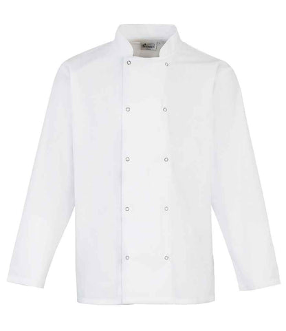 Premier PR665 White Front - Chef's Jacket Ready to be Embroidered and Printed by Custard Workwear - Cheap Personalised and Customised Workwear in Nottinghamshire, Derbyshire and Leicestershire