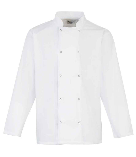 Premier PR665 White Front - Chef's Jacket Ready to be Embroidered and Printed by Custard Workwear - Cheap Personalised and Customised Workwear in Nottinghamshire, Derbyshire and Leicestershire