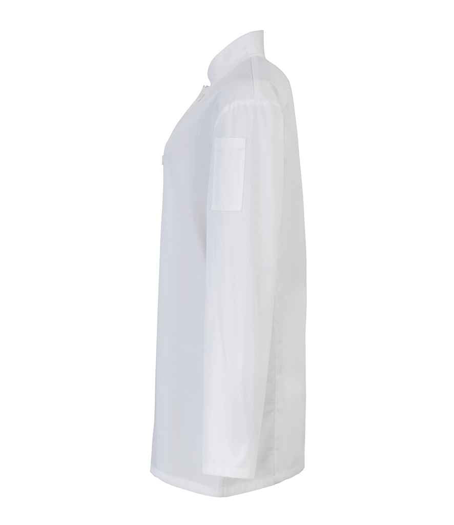 Premier PR671 White Left - Tunic Ready to be Embroidered and Printed by Custard Workwear - Cheap Personalised and Customised Workwear in Nottinghamshire, Derbyshire and Leicestershire