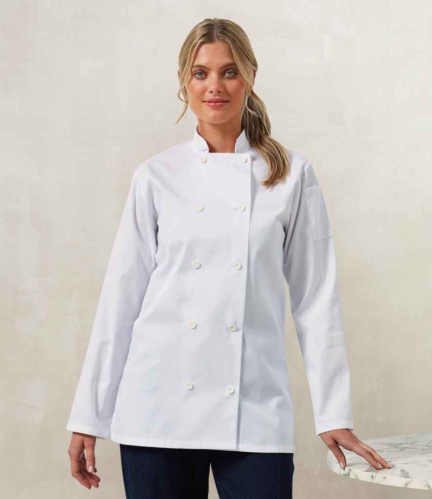 Premier PR671 White Model - Chef's Jacket Ready to be Embroidered and Printed by Custard Workwear - Cheap Personalised and Customised Workwear in Nottinghamshire, Derbyshire and Leicestershire