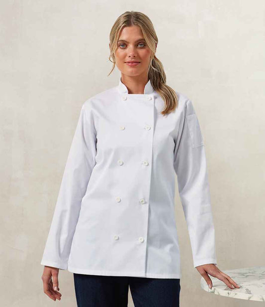 Premier PR671 White Model - Chef's Jacket Ready to be Embroidered and Printed by Custard Workwear - Cheap Personalised and Customised Workwear in Nottinghamshire, Derbyshire and Leicestershire