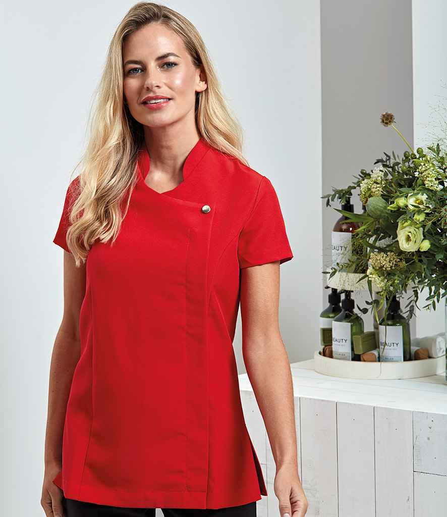 Premier PR683 Strawberry Red Model - Beauty Tunic Ready to be Embroidered and Printed by Custard Workwear - Cheap Personalised and Customised Workwear in Nottinghamshire, Derbyshire and Leicestershire