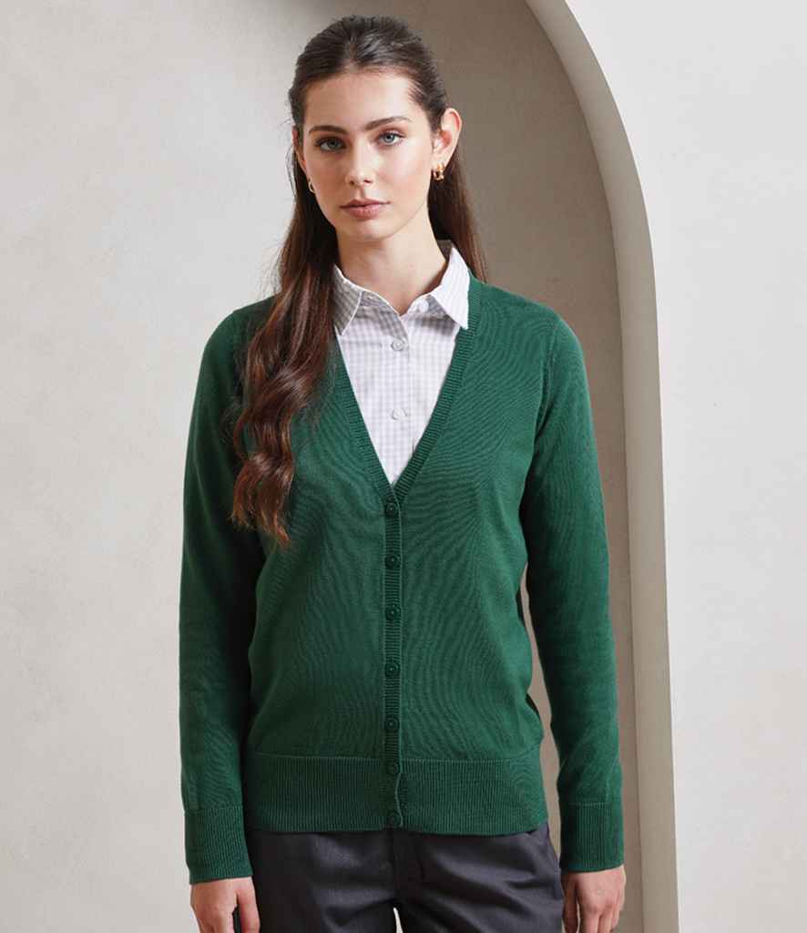 Premier PR697 Bottle Green Model - Knitted Cardigan Ready to be Embroidered by Custard Workwear - Cheap Personalised and Customised Workwear in Nottinghamshire, Derbyshire and Leicestershire