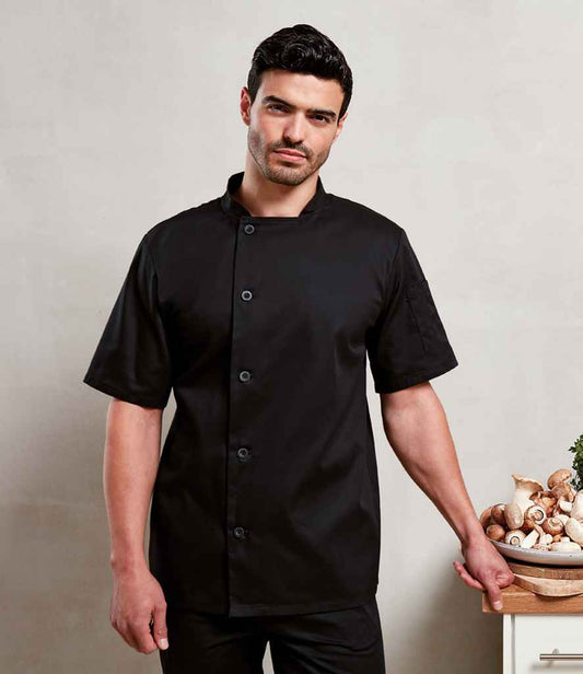 Premier PR900 Black Model - Chef's Jacket Ready to be Embroidered and Printed by Custard Workwear - Cheap Personalised and Customised Workwear in Nottinghamshire, Derbyshire and Leicestershire
