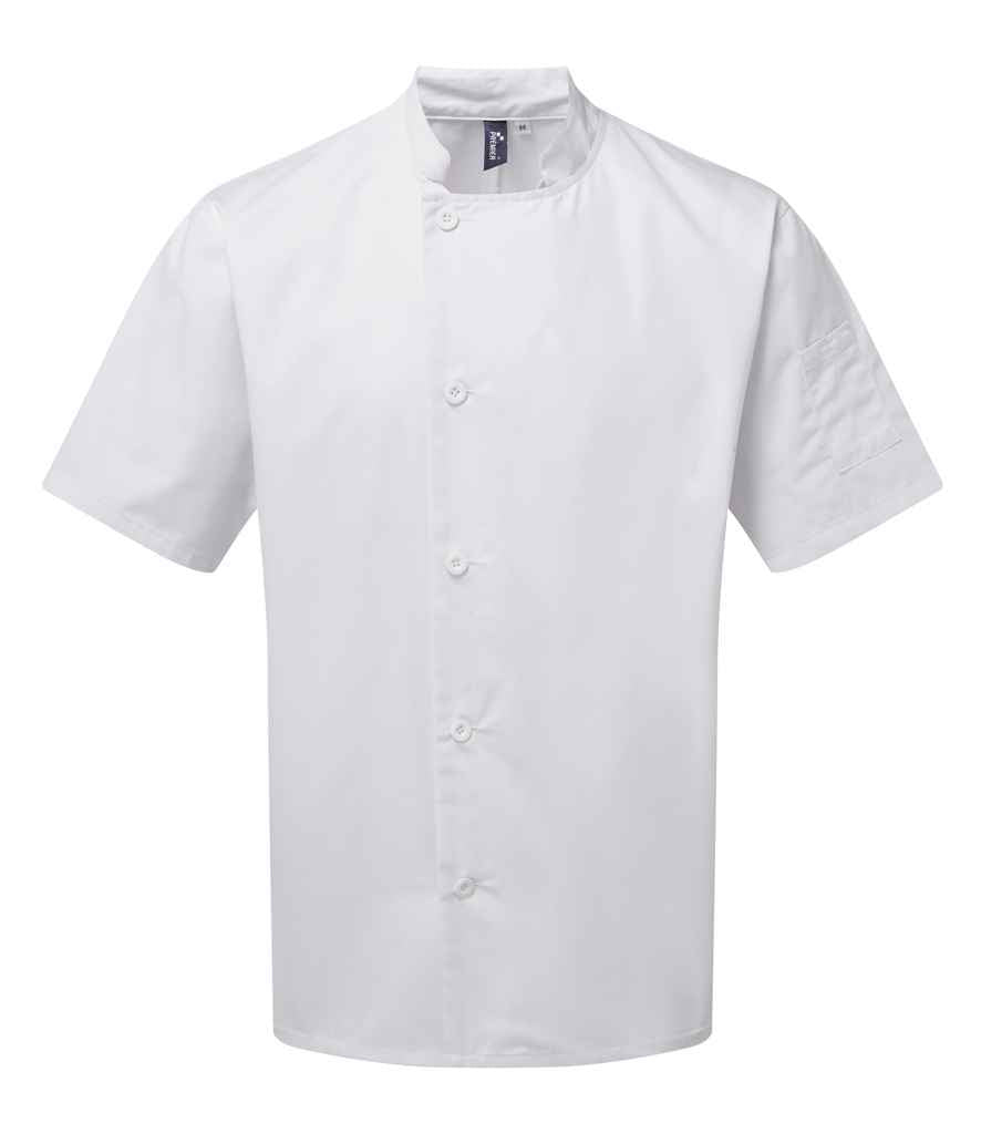 Premier PR900 White Front - Chef's Jacket Ready to be Embroidered and Printed by Custard Workwear - Cheap Personalised and Customised Workwear in Nottinghamshire, Derbyshire and Leicestershire
