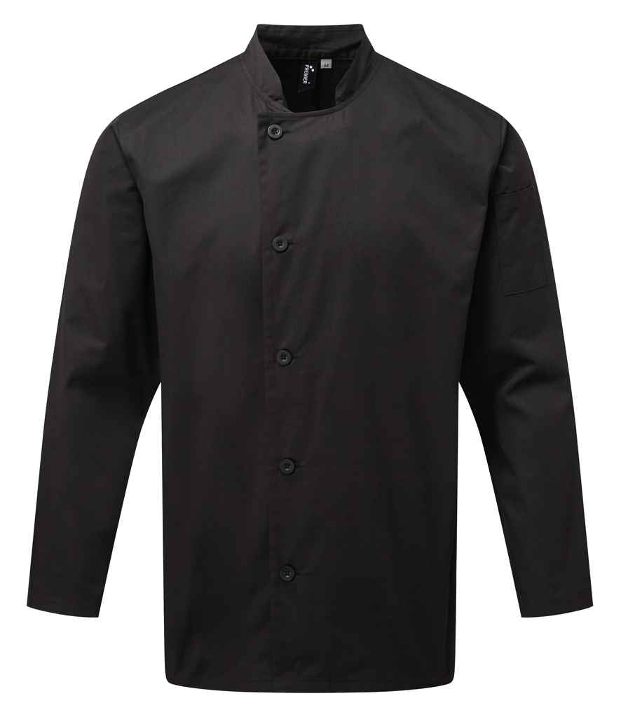 Premier PR901 Black Front - Chef's Jacket Ready to be Embroidered and Printed by Custard Workwear - Cheap Personalised and Customised Workwear in Nottinghamshire, Derbyshire and Leicestershire