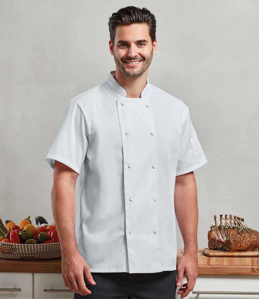 Premier PR902 White Model - Chef's Jacket Ready to be Embroidered and Printed by Custard Workwear - Cheap Personalised and Customised Workwear in Nottinghamshire, Derbyshire and Leicestershire