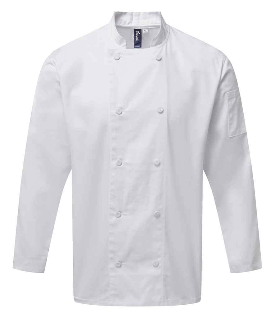 Premier PR903 White Front - Chef's Jacket Ready to be Embroidered and Printed by Custard Workwear - Cheap Personalised and Customised Workwear in Nottinghamshire, Derbyshire and Leicestershire