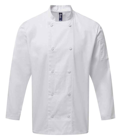 Premier PR903 White Front - Chef's Jacket Ready to be Embroidered and Printed by Custard Workwear - Cheap Personalised and Customised Workwear in Nottinghamshire, Derbyshire and Leicestershire