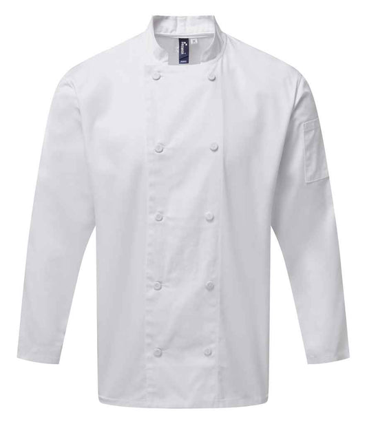Premier PR903 White Front - Chef's Jacket Ready to be Embroidered and Printed by Custard Workwear - Cheap Personalised and Customised Workwear in Nottinghamshire, Derbyshire and Leicestershire