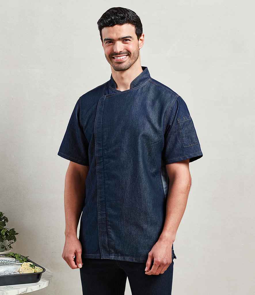 Premier PR906 Indigo Denim Model - Chef's Jacket Ready to be Embroidered and Printed by Custard Workwear - Cheap Personalised and Customised Workwear in Nottinghamshire, Derbyshire and Leicestershire