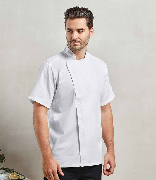 Premier PR906 White Model - Chef's Jacket Ready to be Embroidered and Printed by Custard Workwear - Cheap Personalised and Customised Workwear in Nottinghamshire, Derbyshire and Leicestershire