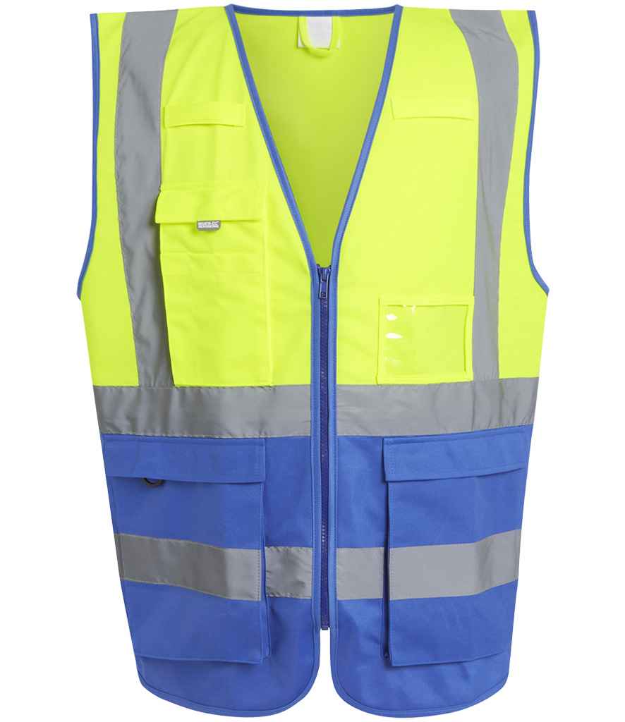 Regatta Hi-Vis RG464 Yellow/Royal Blue Front - Vest Ready to be Printed by Custard Workwear - Cheap Personalised and Customised Workwear in Nottinghamshire, Derbyshire and Leicestershire
