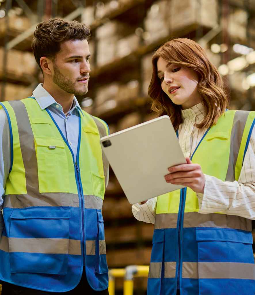 Regatta Hi-Vis RG464 Yellow/Royal Blue Model - Vest Ready to be Printed by Custard Workwear - Cheap Personalised and Customised Workwear in Nottinghamshire, Derbyshire and Leicestershire