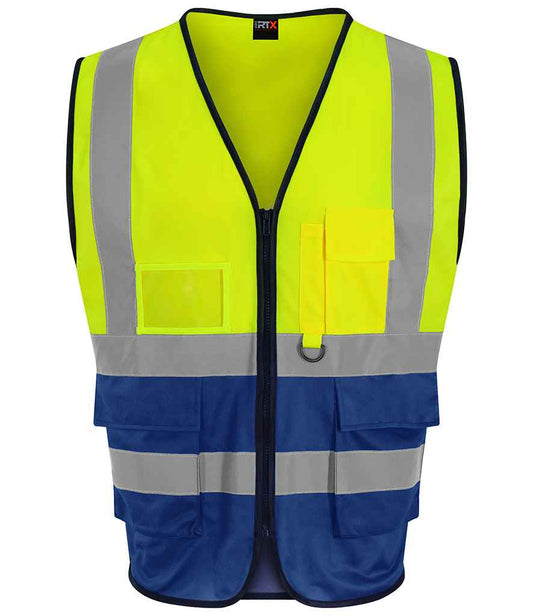 Pro RTX RX705 Yellow/Royal Blue Front - Hi Vis Vest Ready to be Printed by Custard Workwear - Cheap Personalised and Customised Workwear in Nottinghamshire, Derbyshire and Leicestershire