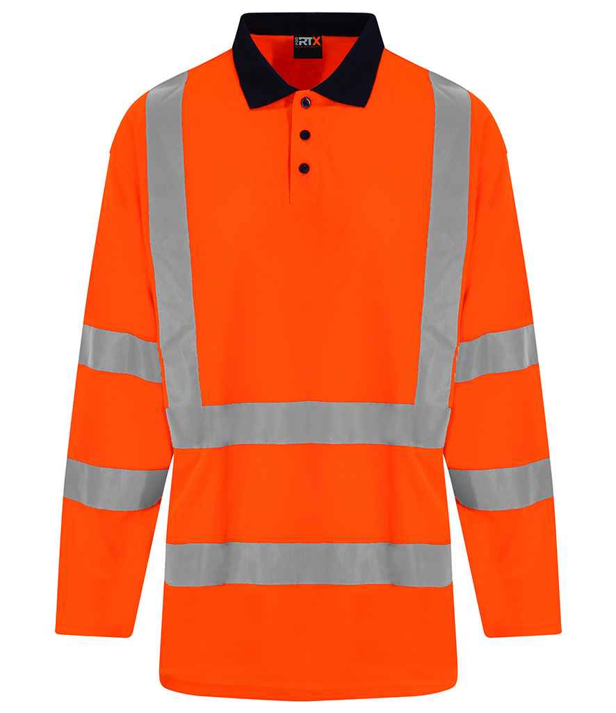 Pro RTX RX715 Orange/Navy Front - Hi Vis Long Sleeve Polo Shirt Ready to be Printed by Custard Workwear - Cheap Personalised and Customised Workwear in Nottinghamshire, Derbyshire and Leicestershire