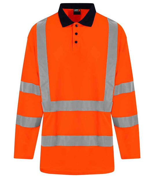 Pro RTX RX715 Orange/Navy Front - Hi Vis Long Sleeve Polo Shirt Ready to be Printed by Custard Workwear - Cheap Personalised and Customised Workwear in Nottinghamshire, Derbyshire and Leicestershire