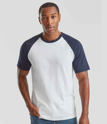 Fruit of the Loom SS31 White/Deep Navy Model -  Ready to be Printed by Custard Workwear - Cheap Personalised and Customised Workwear in Nottinghamshire, Derbyshire and Leicestershire