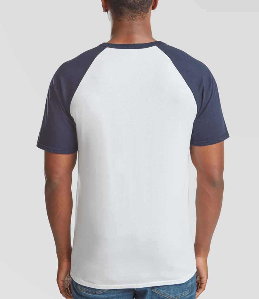 Fruit of the Loom SS31 White/Deep Navy Model -  Ready to be Printed by Custard Workwear - Cheap Personalised and Customised Workwear in Nottinghamshire, Derbyshire and Leicestershire