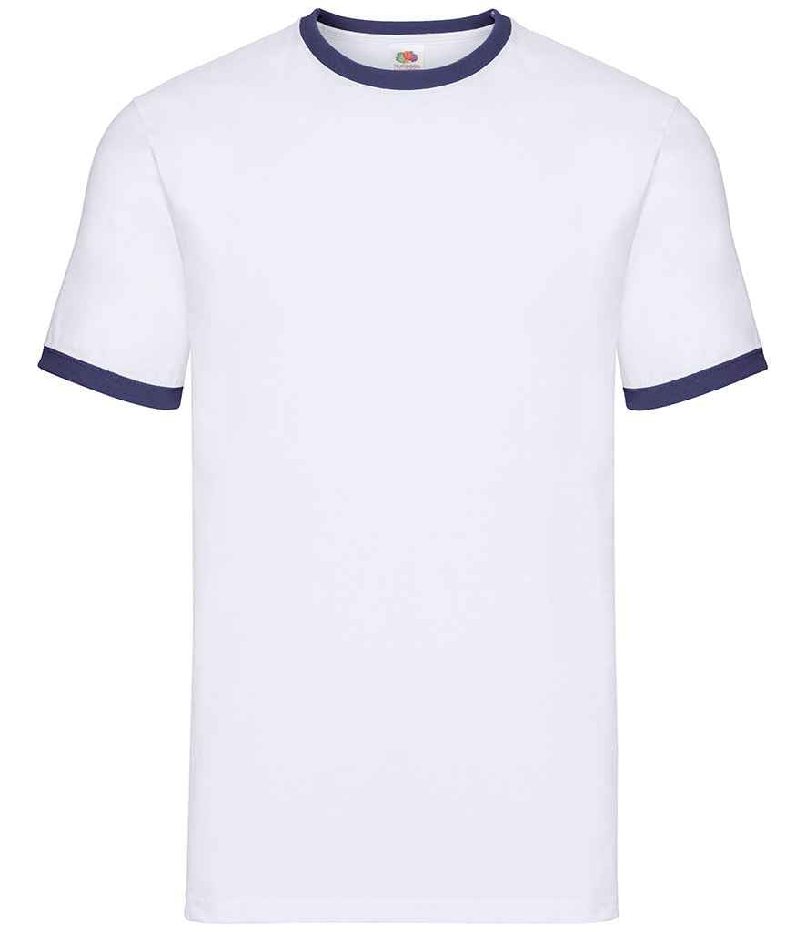 Fruit of the Loom SS34 White/Navy Front -  Ready to be Printed by Custard Workwear - Cheap Personalised and Customised Workwear in Nottinghamshire, Derbyshire and Leicestershire