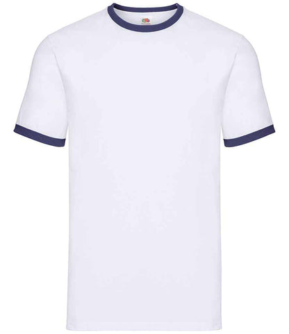 Fruit of the Loom SS34 White/Navy Front -  Ready to be Printed by Custard Workwear - Cheap Personalised and Customised Workwear in Nottinghamshire, Derbyshire and Leicestershire