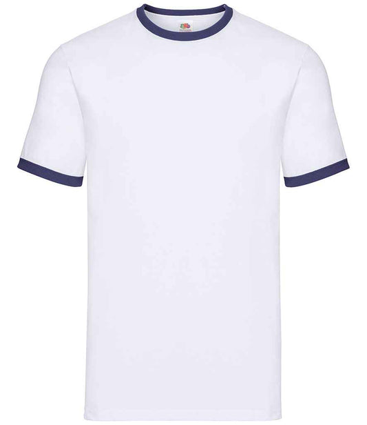 Fruit of the Loom SS34 White/Navy Front -  Ready to be Printed by Custard Workwear - Cheap Personalised and Customised Workwear in Nottinghamshire, Derbyshire and Leicestershire
